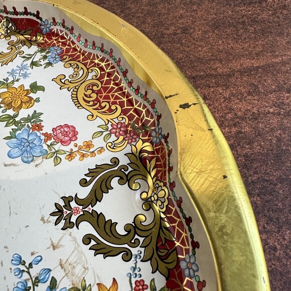 Vintage Daher Decorated Ware Tin Tray 16.25" Round Floral & Asian Scene England - Picture 3 of 16